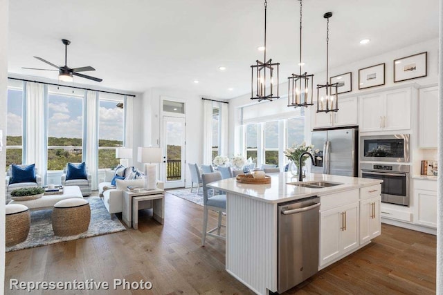 kitchen with stainless steel appliances, white cabinetry, plenty of natural light, and an island with sink