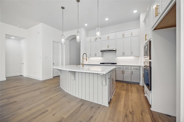kitchen with a sink, light wood-style floors, light countertops, stainless steel appliances, and under cabinet range hood