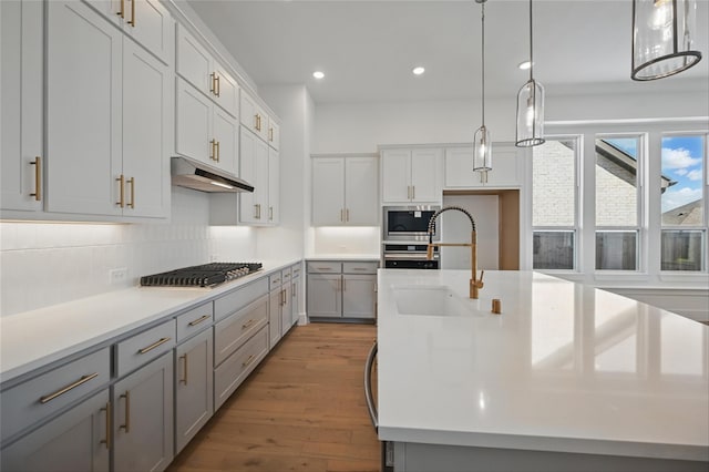 kitchen with a sink, an island with sink, light wood-style flooring, under cabinet range hood, and gray cabinetry
