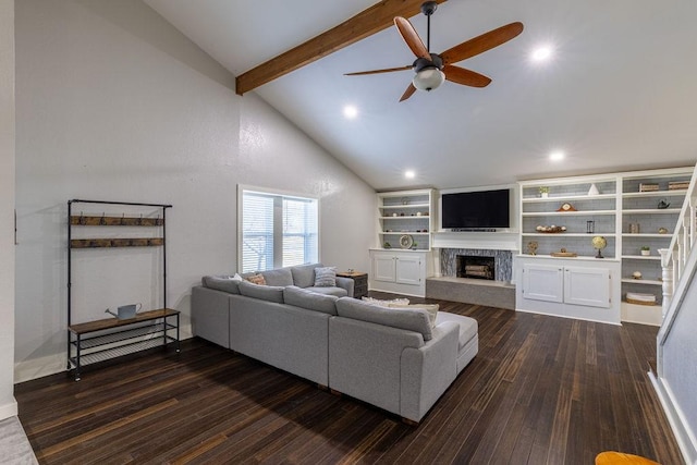 living room featuring high vaulted ceiling, ceiling fan, a premium fireplace, beam ceiling, and dark hardwood / wood-style flooring