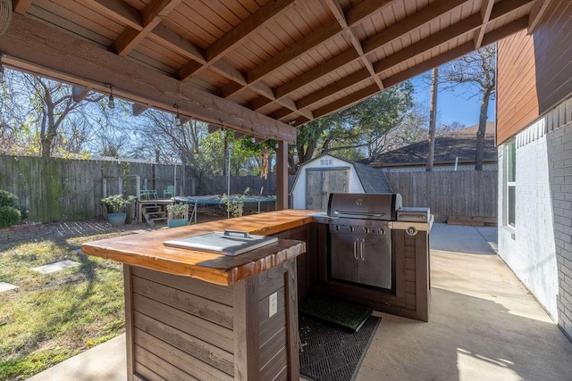 view of patio / terrace featuring a trampoline and a storage unit