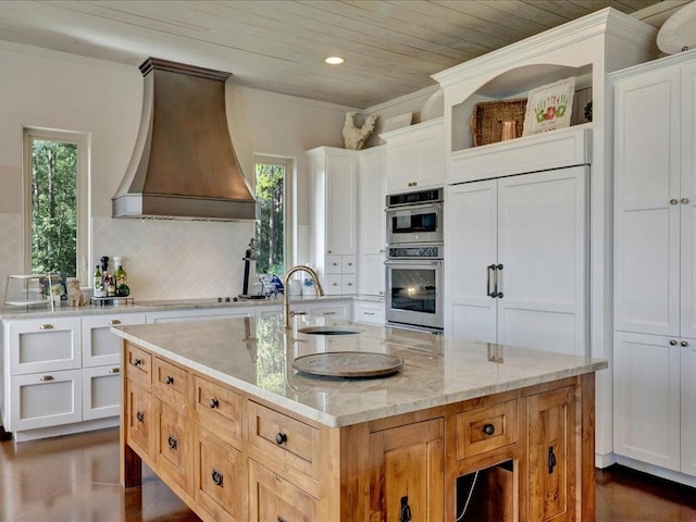 kitchen featuring open shelves, a sink, custom range hood, double oven, and black electric stovetop