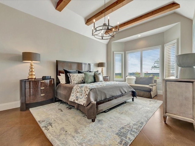 tiled bedroom with vaulted ceiling with beams, baseboards, and a chandelier