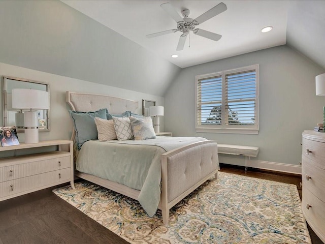 bedroom featuring a ceiling fan, baseboards, recessed lighting, dark wood-style flooring, and vaulted ceiling