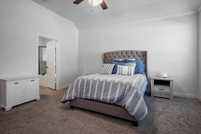 carpeted bedroom with ceiling fan and crown molding