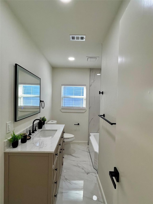 full bathroom with vanity, shower / bath combination, toilet, and a wealth of natural light