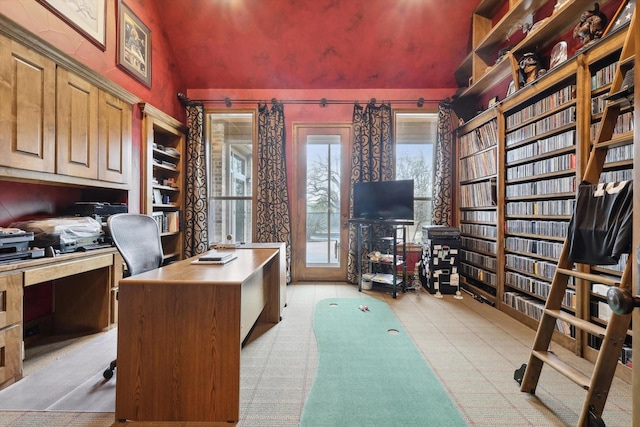 office with a wealth of natural light and lofted ceiling