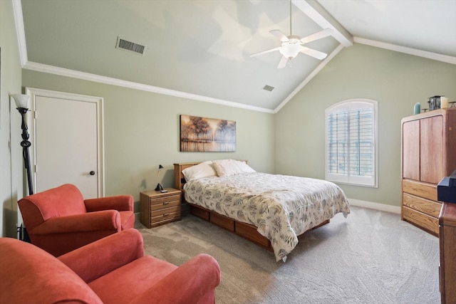 carpeted bedroom with vaulted ceiling with beams, ceiling fan, and crown molding