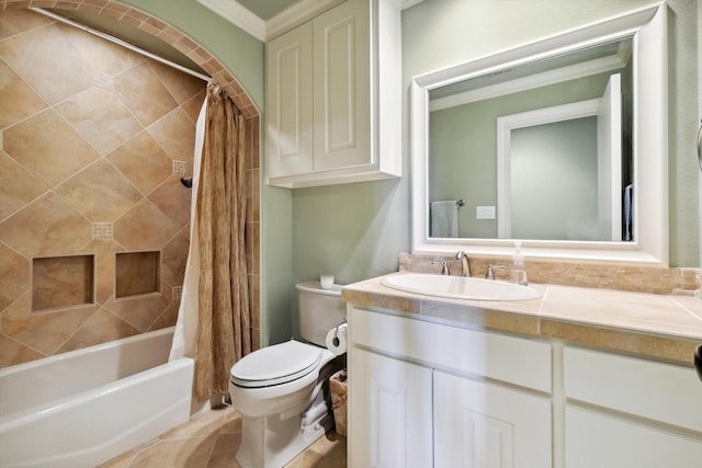 full bathroom with tile patterned flooring, vanity, shower / tub combo, and toilet