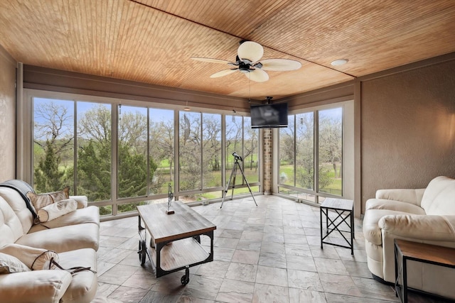 sunroom / solarium with ceiling fan and wood ceiling