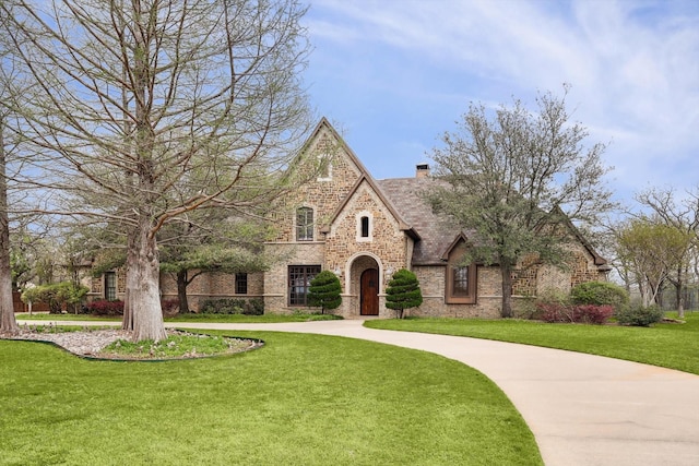 tudor home featuring a front lawn