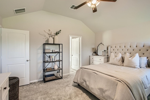 bedroom with ceiling fan, light carpet, and lofted ceiling