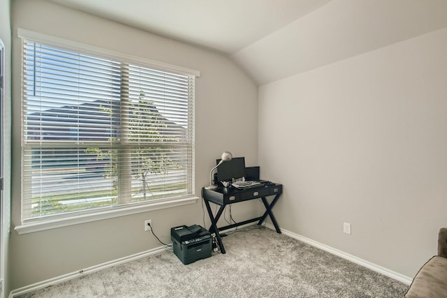 misc room featuring a wealth of natural light, light colored carpet, and lofted ceiling