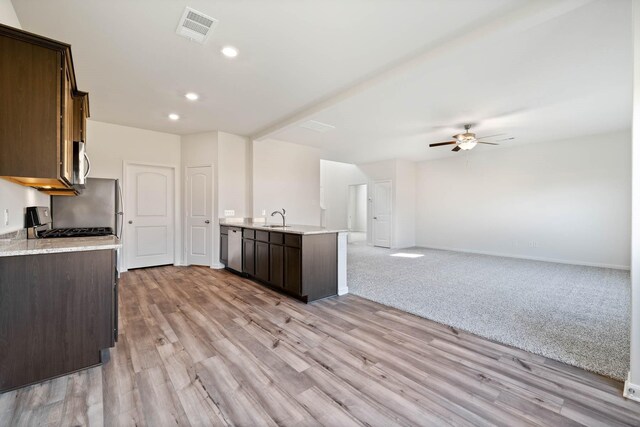 kitchen with dark brown cabinetry, ceiling fan, sink, light hardwood / wood-style floors, and appliances with stainless steel finishes