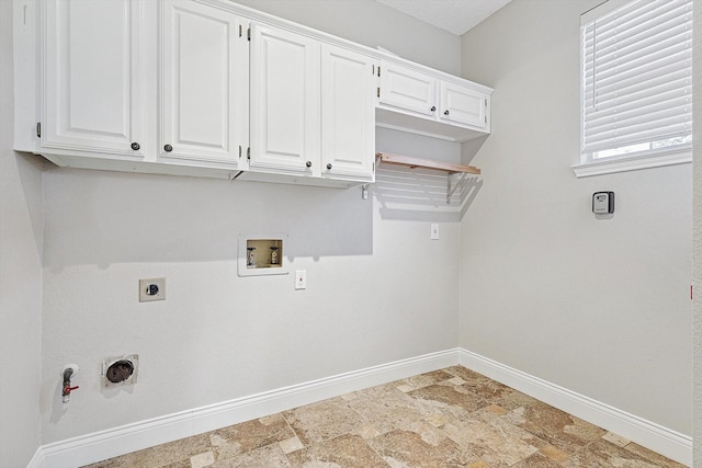 washroom with washer hookup, hookup for a gas dryer, hookup for an electric dryer, and cabinets