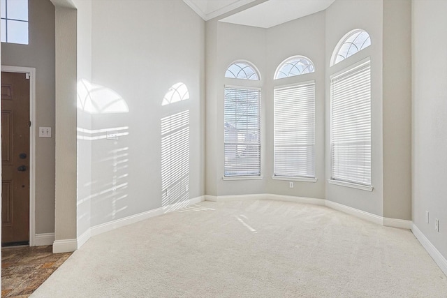 unfurnished room with a towering ceiling and carpet