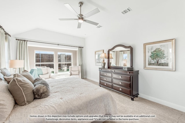 bedroom with ceiling fan, light carpet, and lofted ceiling