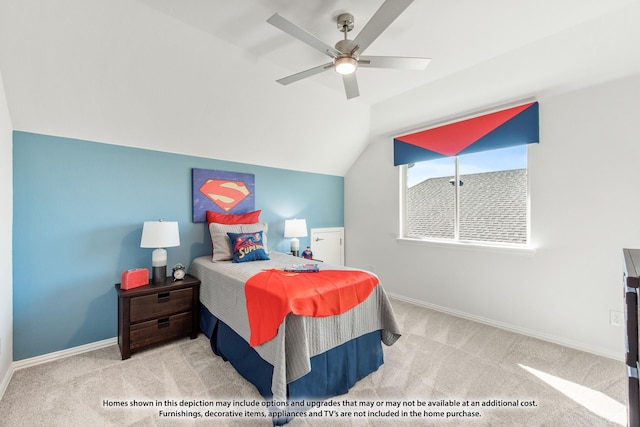 bedroom with ceiling fan, light colored carpet, and lofted ceiling