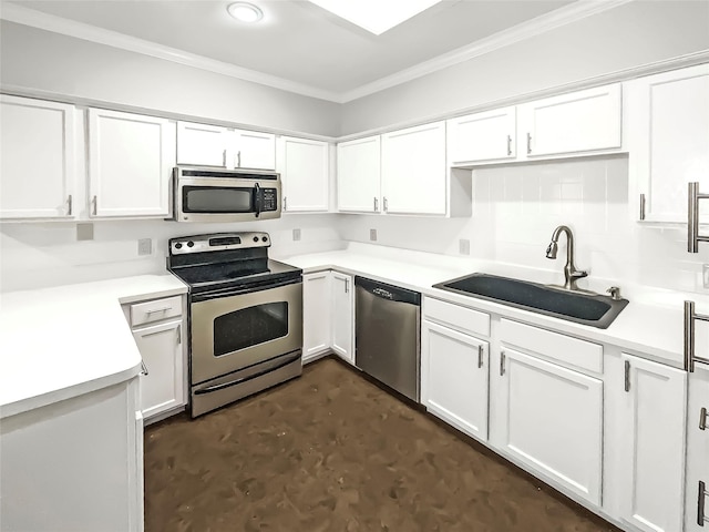 kitchen with stainless steel appliances, white cabinetry, and sink