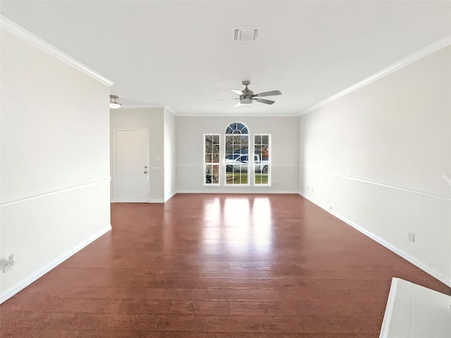 unfurnished room featuring ceiling fan, dark hardwood / wood-style flooring, and ornamental molding