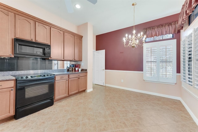 kitchen with an inviting chandelier, black appliances, hanging light fixtures, decorative backsplash, and light tile patterned floors