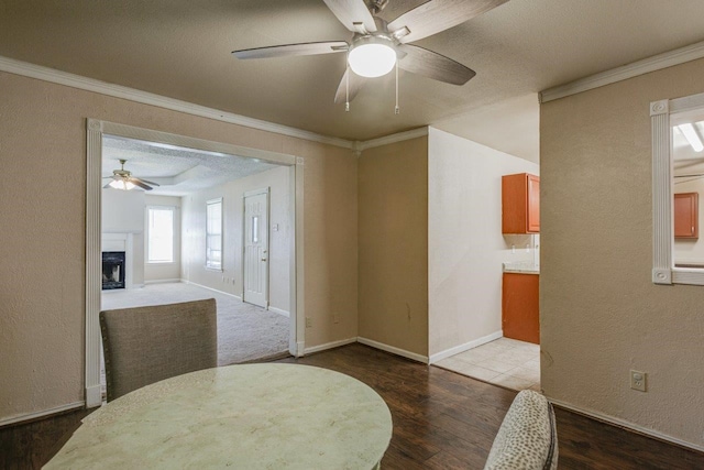 dining area featuring dark hardwood / wood-style floors, ceiling fan, and crown molding