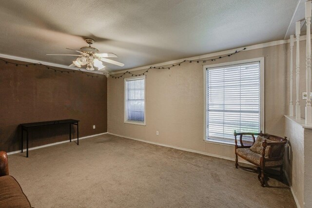 living area with carpet flooring, ceiling fan, and plenty of natural light