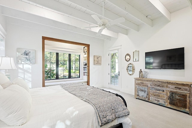 bedroom featuring wood ceiling, light carpet, beamed ceiling, ceiling fan, and access to exterior