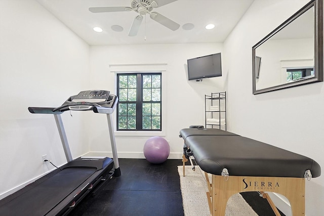 exercise area with ceiling fan