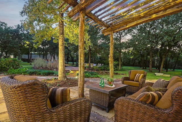 view of patio / terrace with a pergola and outdoor lounge area