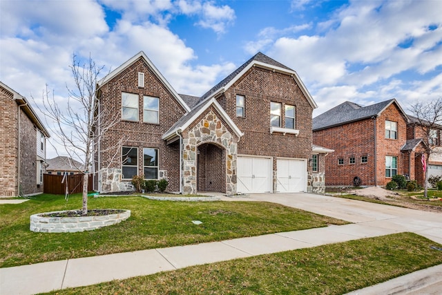 view of front of home featuring concrete driveway, stone siding, an attached garage, a front lawn, and brick siding