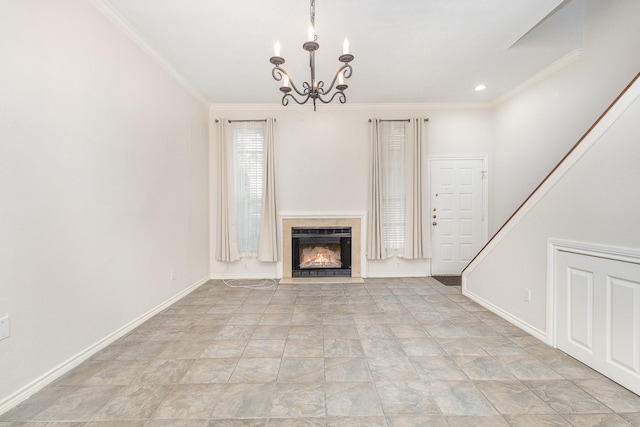 unfurnished living room with crown molding and a notable chandelier