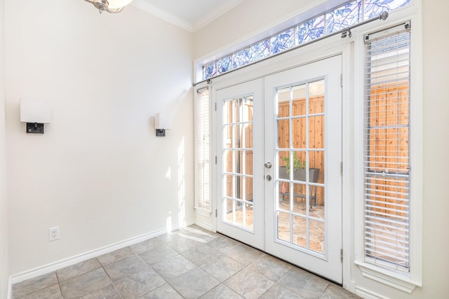 doorway featuring french doors and crown molding