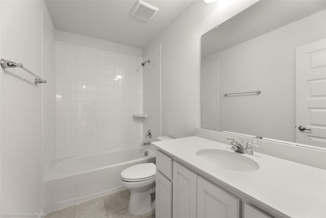 bathroom featuring tile patterned floors, visible vents, toilet, vanity, and shower / bathing tub combination