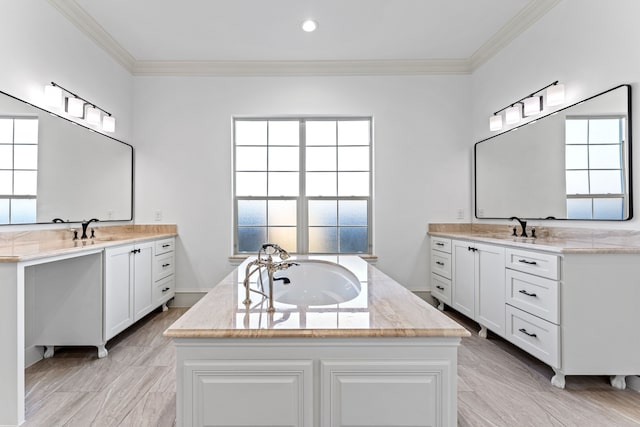 bathroom with vanity, a healthy amount of sunlight, and ornamental molding