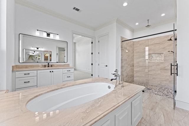 bathroom with vanity, crown molding, and plus walk in shower