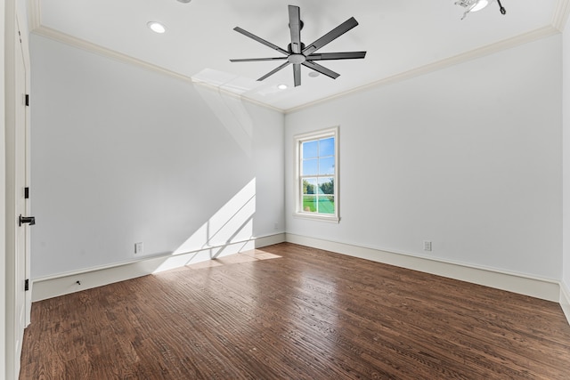 unfurnished room with crown molding, ceiling fan, and hardwood / wood-style flooring