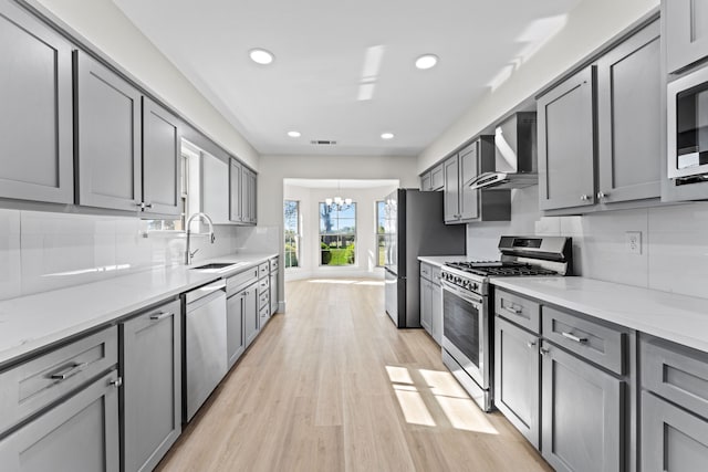 kitchen with gray cabinetry, wall chimney range hood, sink, appliances with stainless steel finishes, and a chandelier