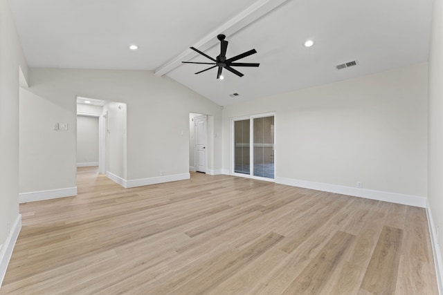 interior space featuring ceiling fan, light hardwood / wood-style flooring, and lofted ceiling with beams