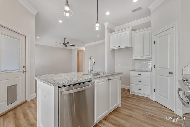 kitchen with white cabinets, stainless steel dishwasher, ceiling fan, and sink