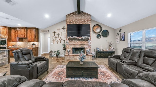 living room featuring a fireplace and vaulted ceiling with beams