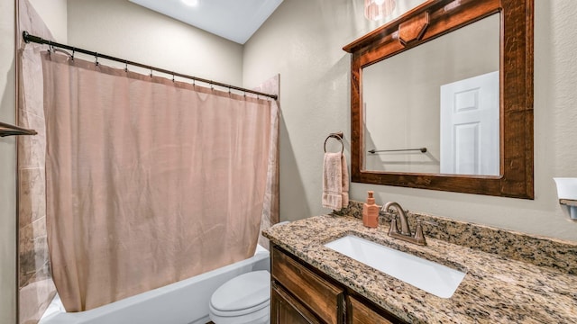 full bathroom with toilet, shower / bathtub combination with curtain, and vanity