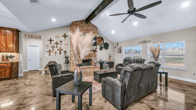 living room with ceiling fan, a fireplace, and vaulted ceiling with beams