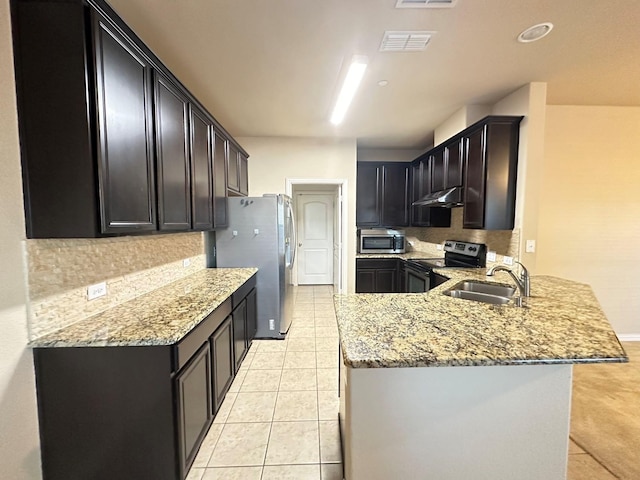 kitchen featuring sink, stainless steel appliances, backsplash, kitchen peninsula, and light tile patterned flooring