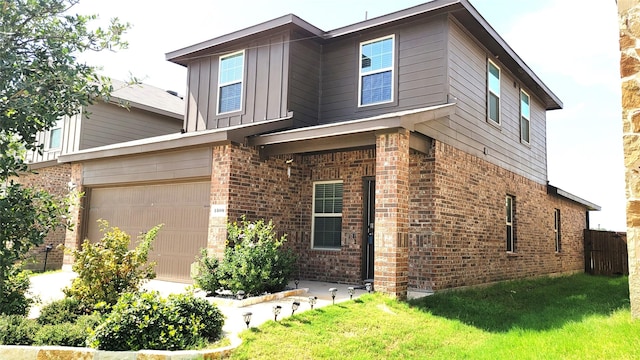 view of property exterior with a garage and a lawn