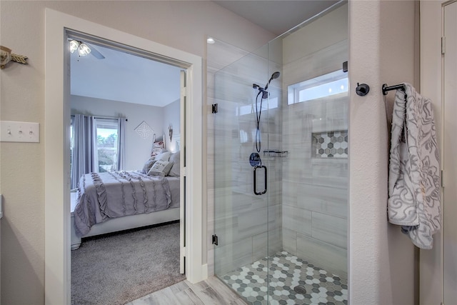 bathroom with hardwood / wood-style floors and walk in shower