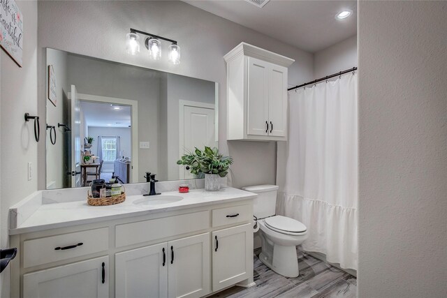 bathroom featuring vanity, wood-type flooring, toilet, and a shower with shower curtain