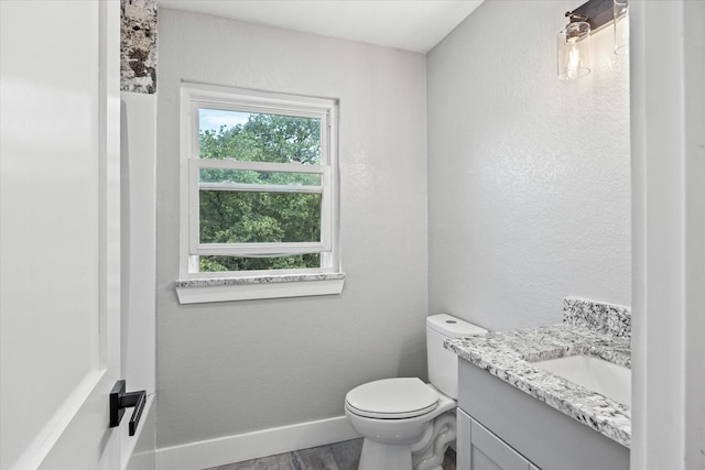 bathroom featuring vanity, wood-type flooring, and toilet