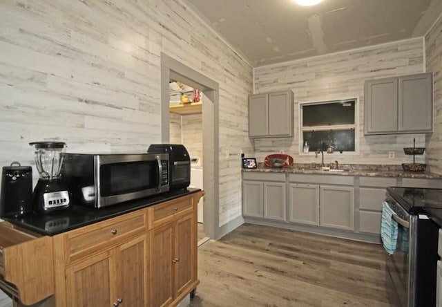 kitchen with appliances with stainless steel finishes, sink, wood-type flooring, gray cabinets, and wood walls