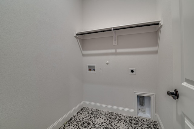 laundry area featuring laundry area, baseboards, hookup for a gas dryer, hookup for a washing machine, and electric dryer hookup